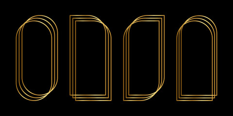 Set of golden oval, arch, semiarch and leaf frames. Elegant shining gold templates for wedding invitation or greeting cards, event or party banners isolated on dark background. Vector illustration.