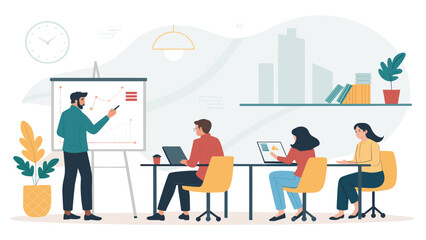 Team collaboration in a bright office. A speaker presents market data while colleagues work on laptops, focusing on business growth and strategy.