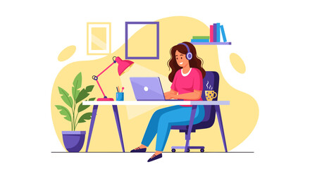 A smiling woman works on her laptop with headphones, embodying remote work, online learning, or digital freelancing in a comfortable home office setting.