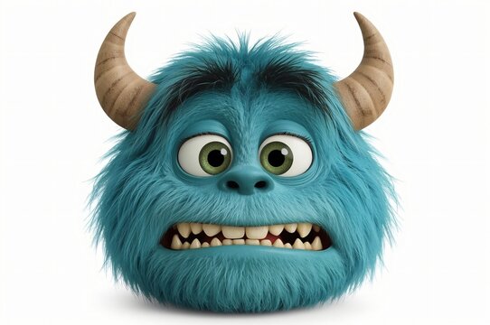 Anxious blue monster head, isolated, white background, 3D render, advertising
