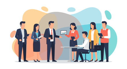A diverse business team collaborates, with a woman presenting financial data on a tablet. Ideal for themes of teamwork, corporate meetings, and professional development.