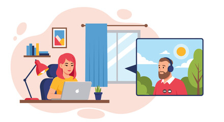 Woman working remotely from home on a laptop, engaging in a virtual video conference call. Concept of online collaboration, flexible work, and modern communication.