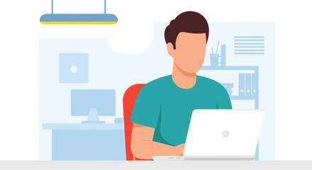 Man working focused on a laptop in a modern office. Represents remote work, online learning, or digital business concepts.