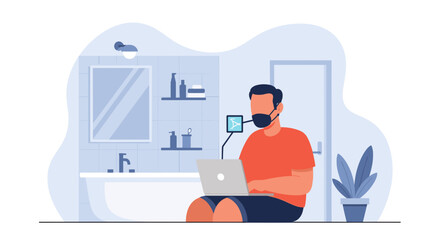 Man wearing a face mask works remotely on his laptop from an unconventional home office in the bathroom. Adapting to the new normal of telecommuting.