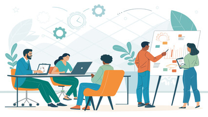 Professional diverse team in a collaborative meeting, analyzing data and strategizing, fostering innovation and teamwork in a dynamic business environment.