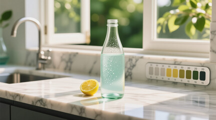 A clear glass bottle filled with water and ice cubes sits on a marble countertop next to a lemon slice, with a pH test strip visible in the background.