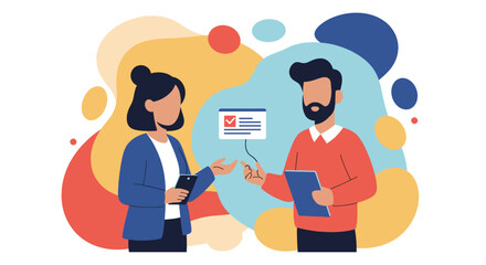 Two professionals collaborating on a digital checklist, symbolizing task completion, agreement, and efficient online communication in business.