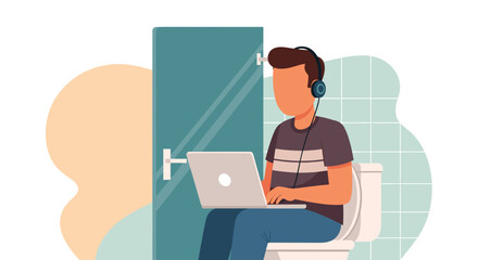 Man in headphones works on laptop while sitting on a toilet, illustrating remote work, multitasking, or a humorous take on work-life integration and privacy at home.