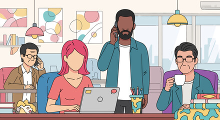 Diverse team of professionals working productively in a modern, collaborative office environment, ideal for business, technology, and corporate themes.