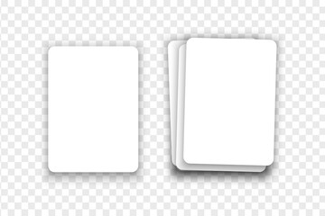 Blank white playing card and deck of cards in top view. Playcard templates isolated on transparent background. Poker game concept. Empty discount ot gift coupons. Vector realistic illustration.