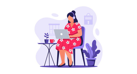 Woman comfortably working from home on her laptop, wearing headphones. Illustrates remote work, online learning, or freelance productivity in a relaxed setting. Modern business and lifestyle.