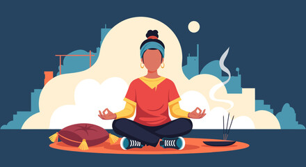 Woman meditating in lotus pose against a stylized cityscape at night, fostering peace, mindfulness, and well-being. Ideal for lifestyle and mental health themes.