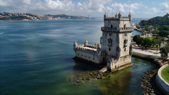 Aerial view of the historic Belém Tower, a 16th-century fortification on the bank of the Tagus River in Lisbon, Portugal.