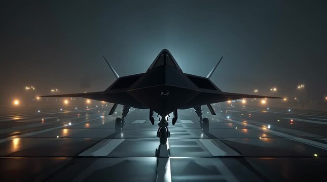 Stealth fighter jets prepare for night operations at a military airbase during foggy conditions