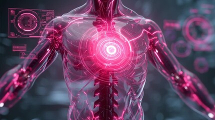 Visual exploration of human anatomy and technology in a futuristic setting at a high-tech research facility - Powered by Adobe