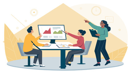 Collaborative business meeting with a team analyzing data on screen, discussing strategy, and presenting ideas in a modern office.