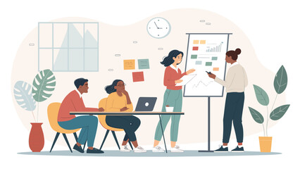 Diverse business team collaborating in an office presentation, discussing data and strategy for growth. Professional meeting focused on teamwork and project development.