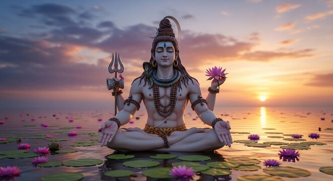 Lord Shiva in Meditative Serenity on a Lotus Pond at Radiant Sunset.
