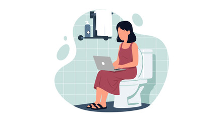 Woman using a laptop while sitting on a toilet, illustrating remote work, multitasking, or a busy modern lifestyle. Perfect for business and home concepts.