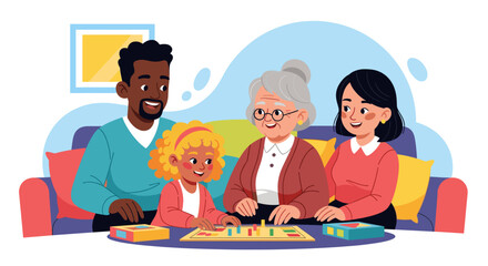Multi-generational family enjoys playing a board game together at home, fostering happiness and connection. Ideal for lifestyle, parenting, and leisure concepts.