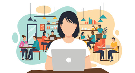 Woman using a laptop, representing modern remote work in vibrant, busy cafe environments. Ideal for themes of productivity, flexible lifestyle, and collaborative workspaces.