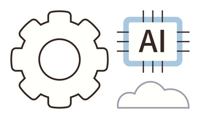 Gear representing machinery, AI microchip for artificial intelligence, and a cloud icon for cloud computing. Ideal for innovation, industry, automation, AI, data tech cloud solutions. Simple flat