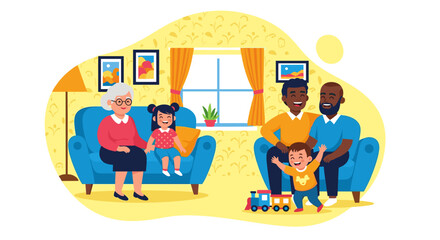 Happy multi-generational family enjoying quality time together in a cozy living room, illustrating family bonds, love, and togetherness. Ideal for lifestyle and parenting themes.
