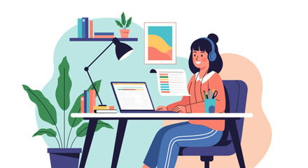 Smiling woman with headphones efficiently working on a laptop at her home office desk, perfect for remote work, education, or business concepts.