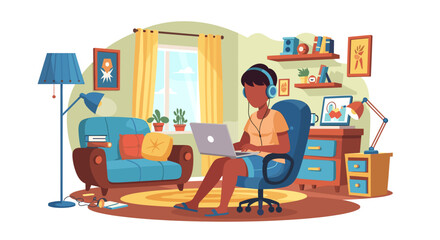 Young person with headphones working on a laptop in a cozy home environment. Illustrates remote work, online education, or digital communication. Lifestyle concept.