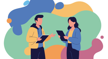 Two professionals collaborate, discussing ideas with tablets against a vibrant abstract background. Ideal for business, education, and modern communication concepts.