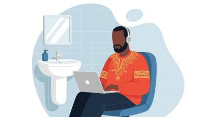 African American man in headphones working on a laptop in a casual home environment, illustrating remote work, flexibility, and a modern lifestyle.