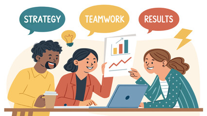 Diverse business team collaborating on strategy, reviewing data for successful results. Illustrates teamwork, innovation, and progress.