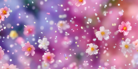 A colorful background with pink and purple flowers and a lot of glitter. The flowers are scattered all over the background, creating a sense of movement and liveliness