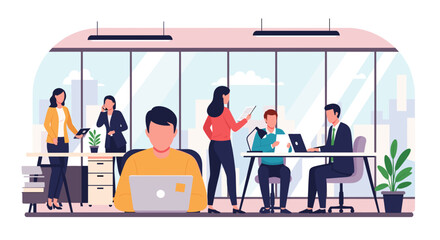 Diverse professionals collaborate and work efficiently in a modern, open-plan office, representing teamwork and productivity in a contemporary business environment.