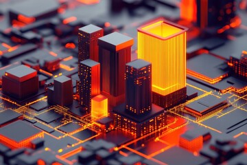 A miniature cityscape of dark, geometric buildings, illuminated with vibrant orange and red internal lighting, sits atop a complex circuit board.  