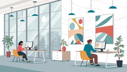 Two professionals working efficiently at individual desks in a bright, modern office with a city view. Ideal for business, technology, and corporate lifestyle themes.