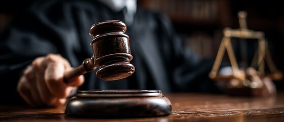 court judge pounding sound block in trial room
