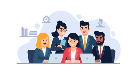 Diverse business team collaborating in an office meeting, utilizing laptops for strategic planning and professional development. Ideal for corporate themes.