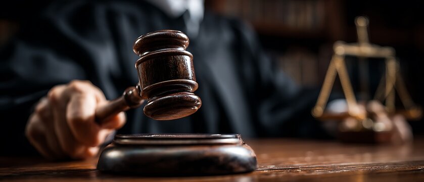 court judge pounding sound block in trial room
