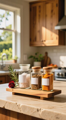 Three glass jars filled with different ingredients sit on a wooden tray atop a kitchen counter, with a window and greenery in the background.