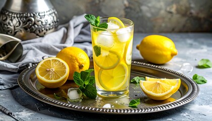 Refreshing iced lemon drink garnished with fresh mint leaves, served in a glass on a silver tray.