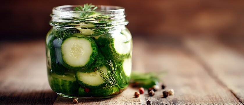bottled fermented cucumber spears in liquid
