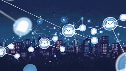 A nighttime cityscape with interconnected data icons illustrating digital communication flow - Powered by Adobe