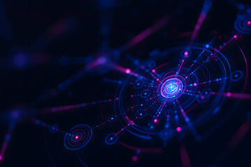 Obraz premium Digital Cosmic Abstraction: An otherworldly depiction of interconnected points of data and energy, radiating in a dark, futuristic space, evoking the concepts of quantum physics, scientific.