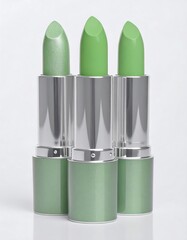 Three elegant, light green lipsticks in silver tubes, displayed against a bright backdrop.