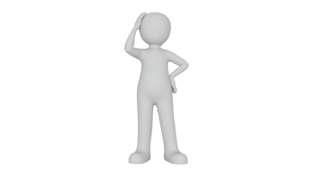 Minimalist 3D Render of Puzzled Stick Figure Character with Questions