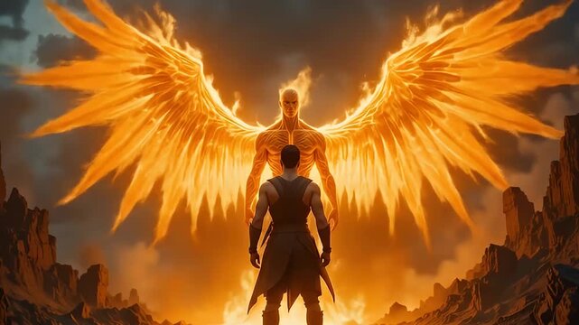 Man looking at a burning phoenix spirit in a fantasy desert	