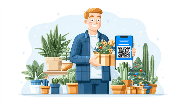 A man holding a phone with a QR code on it. He is surrounded by plants and a Christmas tree