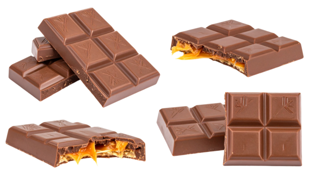 Close-up view of several milk chocolate bars, some broken open to reveal caramel filling