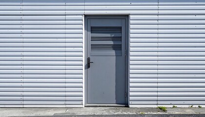 Fototapeta premium A simple, gray door set against a light gray corrugated metal wall, bathed in natural light.